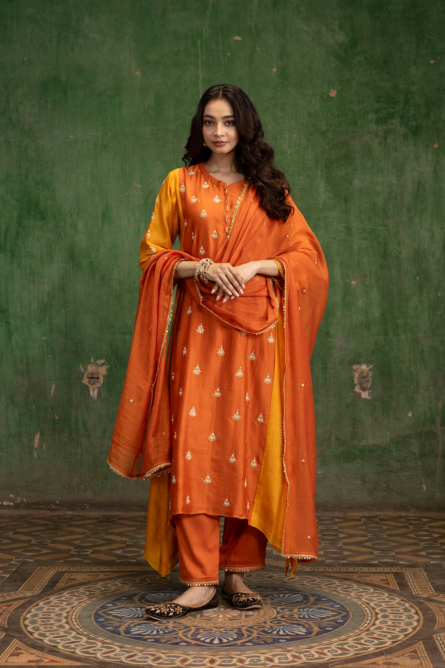 Guldaasta Mul Chanderi Aline Kurta Set in Gerua