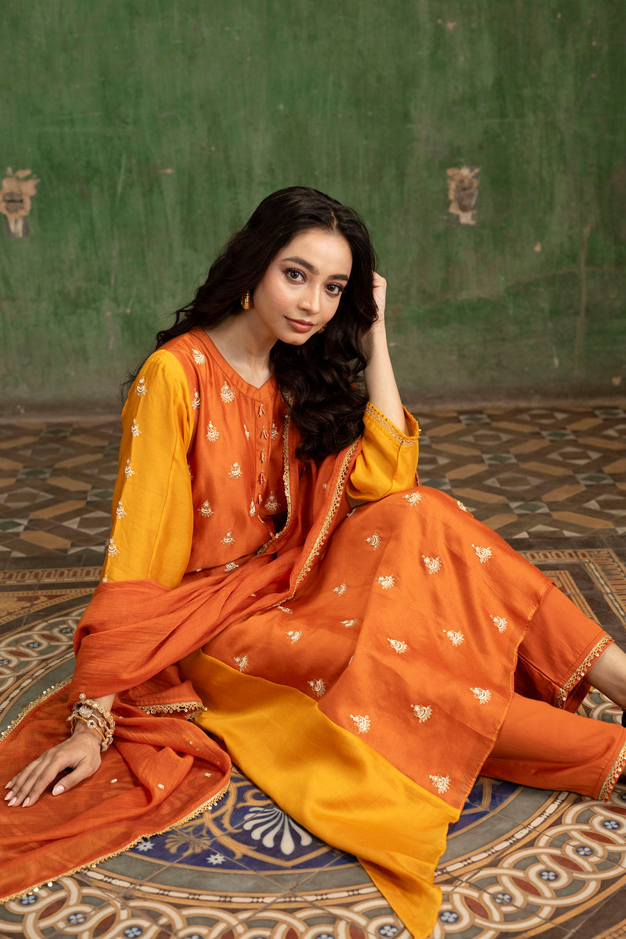 Guldaasta Mul Chanderi Aline Kurta Set in Gerua