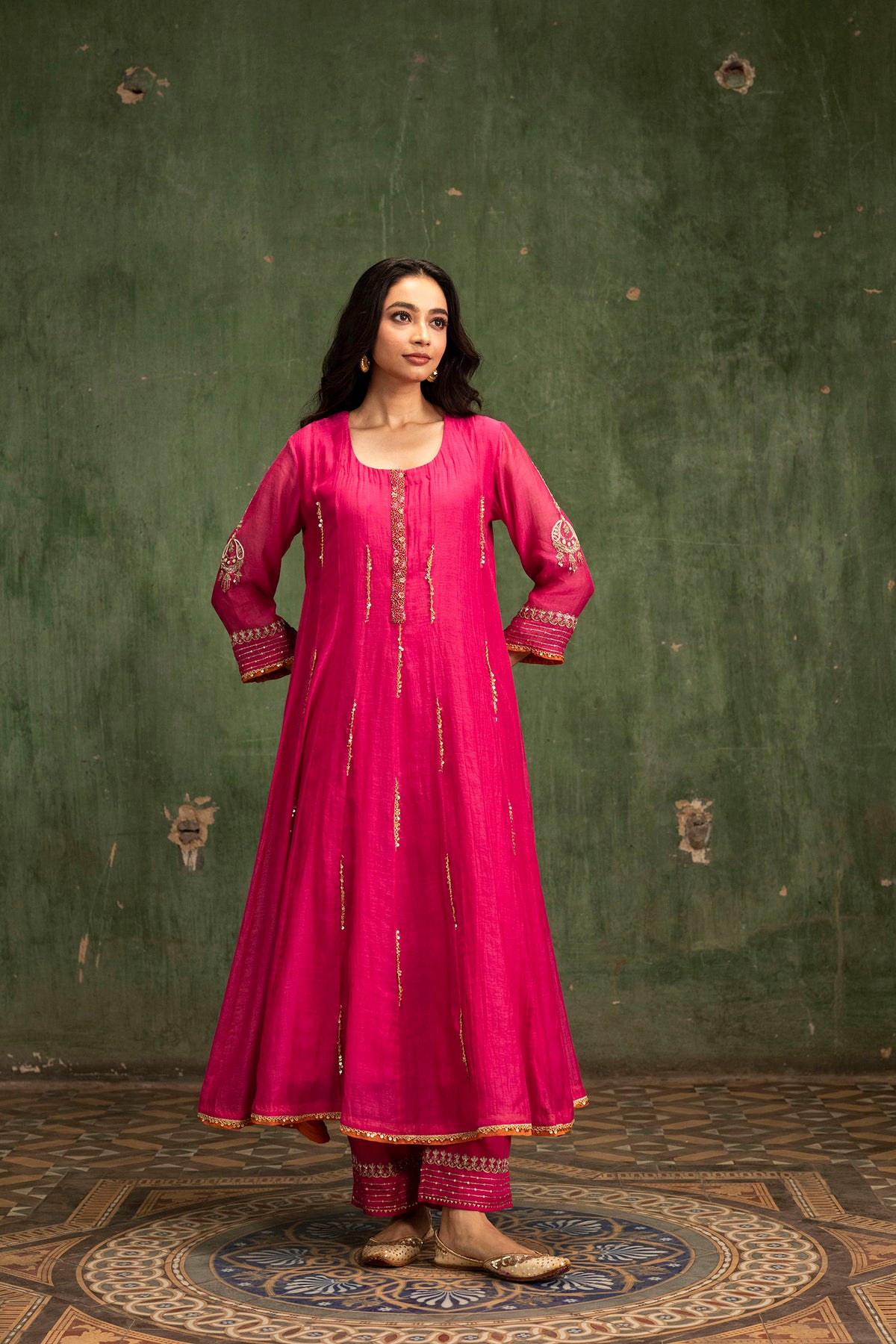 Itraati Mul Chanderi Anarkali Set in Rani