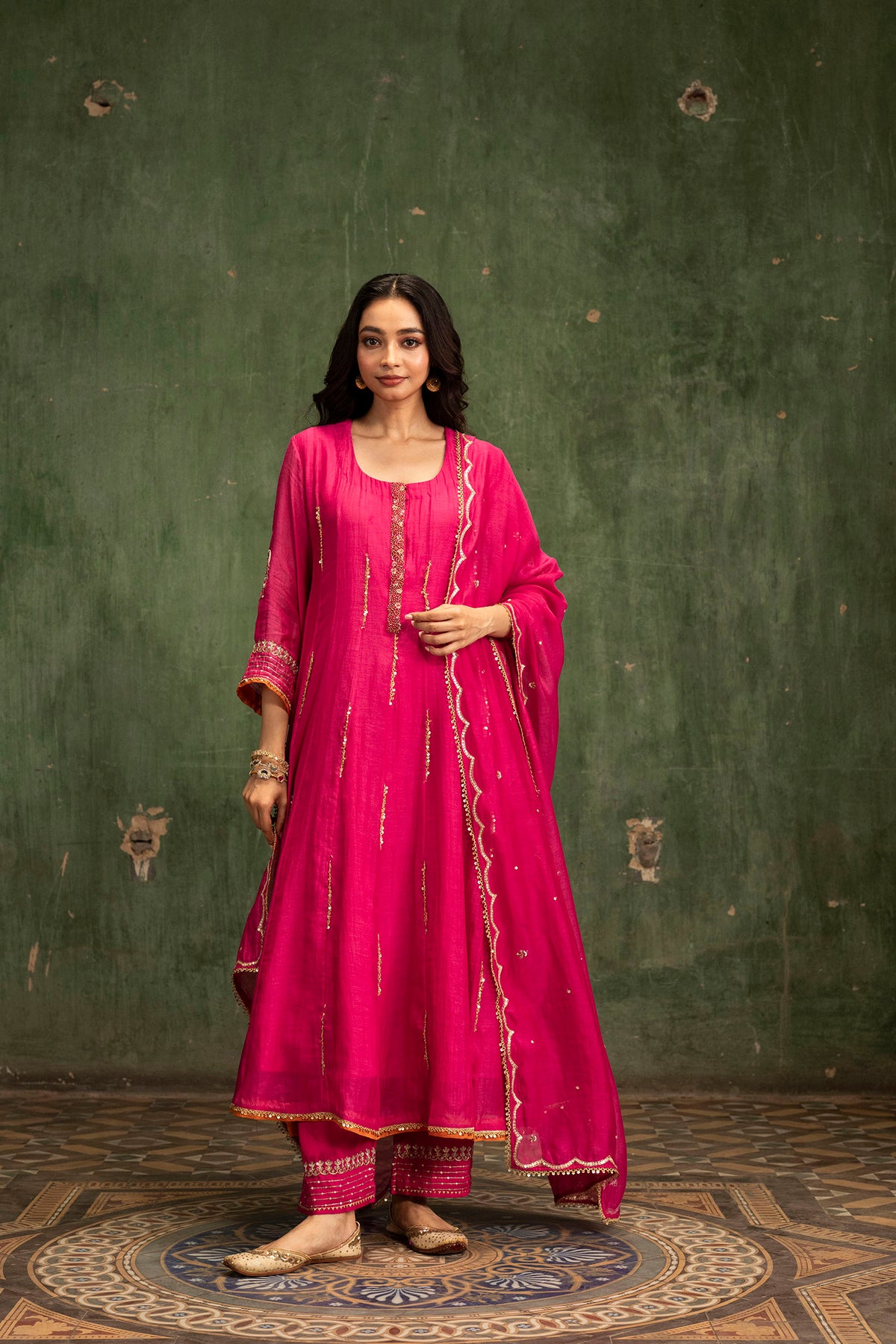 Itraati Mul Chanderi Anarkali Set in Rani
