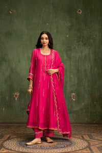 Itraati Mul Chanderi Anarkali Set in Rani