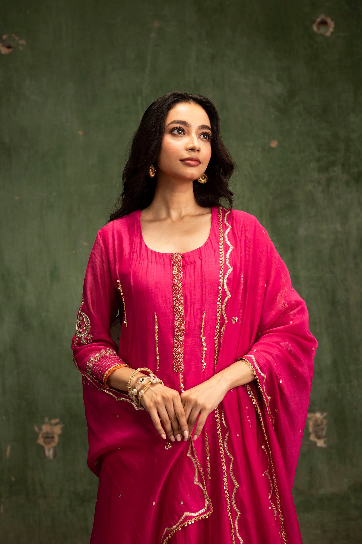 Itraati Mul Chanderi Anarkali Set in Rani