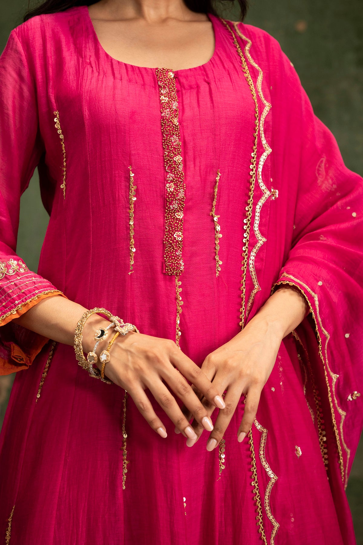 Itraati Mul Chanderi Anarkali Set in Rani