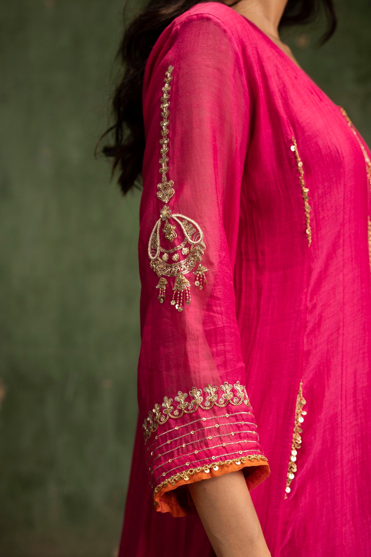 Itraati Mul Chanderi Anarkali Set in Rani