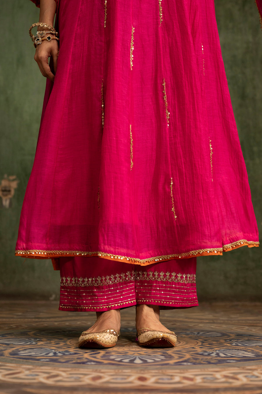 Itraati Mul Chanderi Anarkali Set in Rani