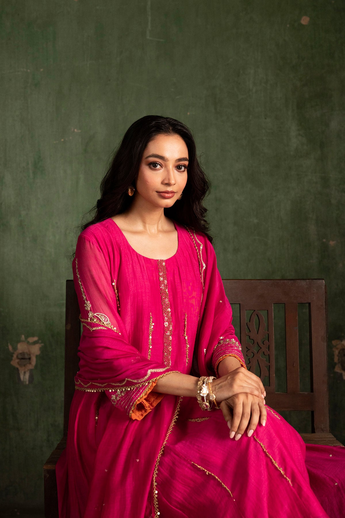 Itraati Mul Chanderi Anarkali Set in Rani