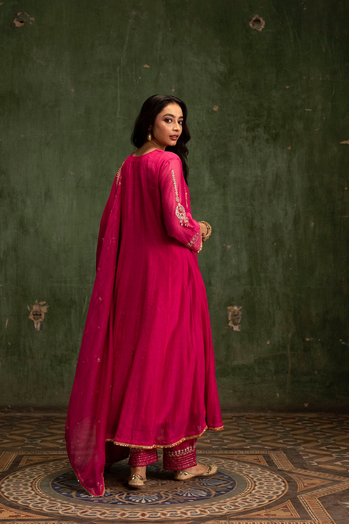 Itraati Mul Chanderi Anarkali Set in Rani