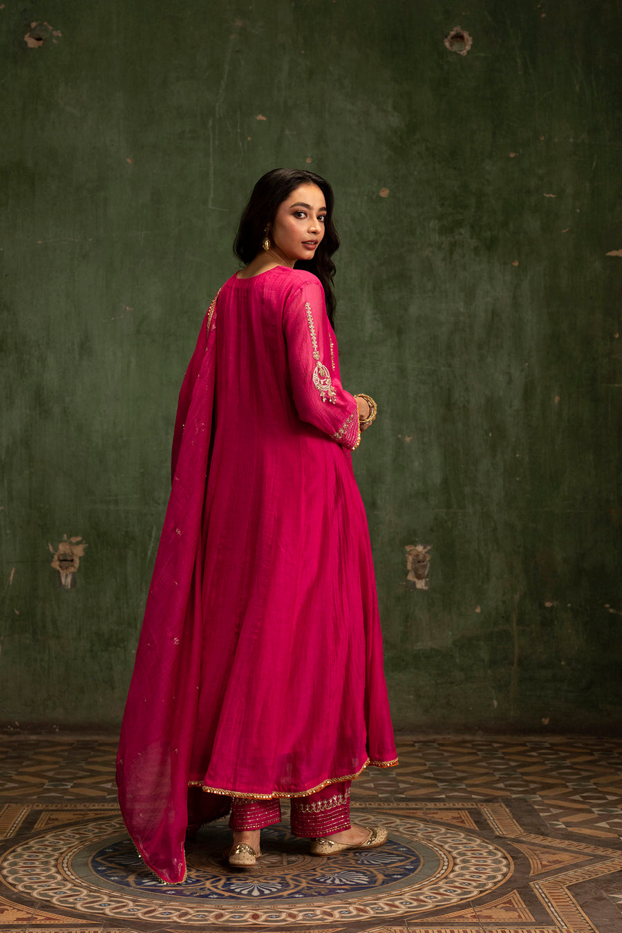 Itraati Mul Chanderi Anarkali Set in Rani