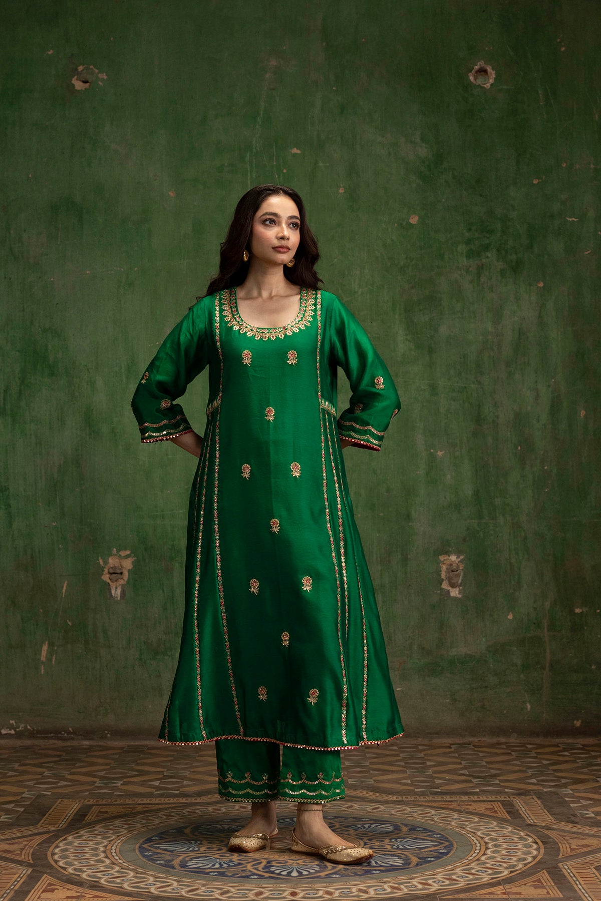 Aaliyah Silk Chanderi Aline Kurta Set in Green