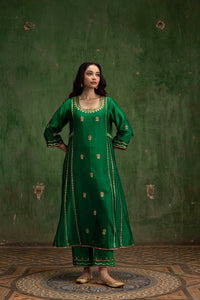 Aaliyah Silk Chanderi Aline Kurta Set in Green
