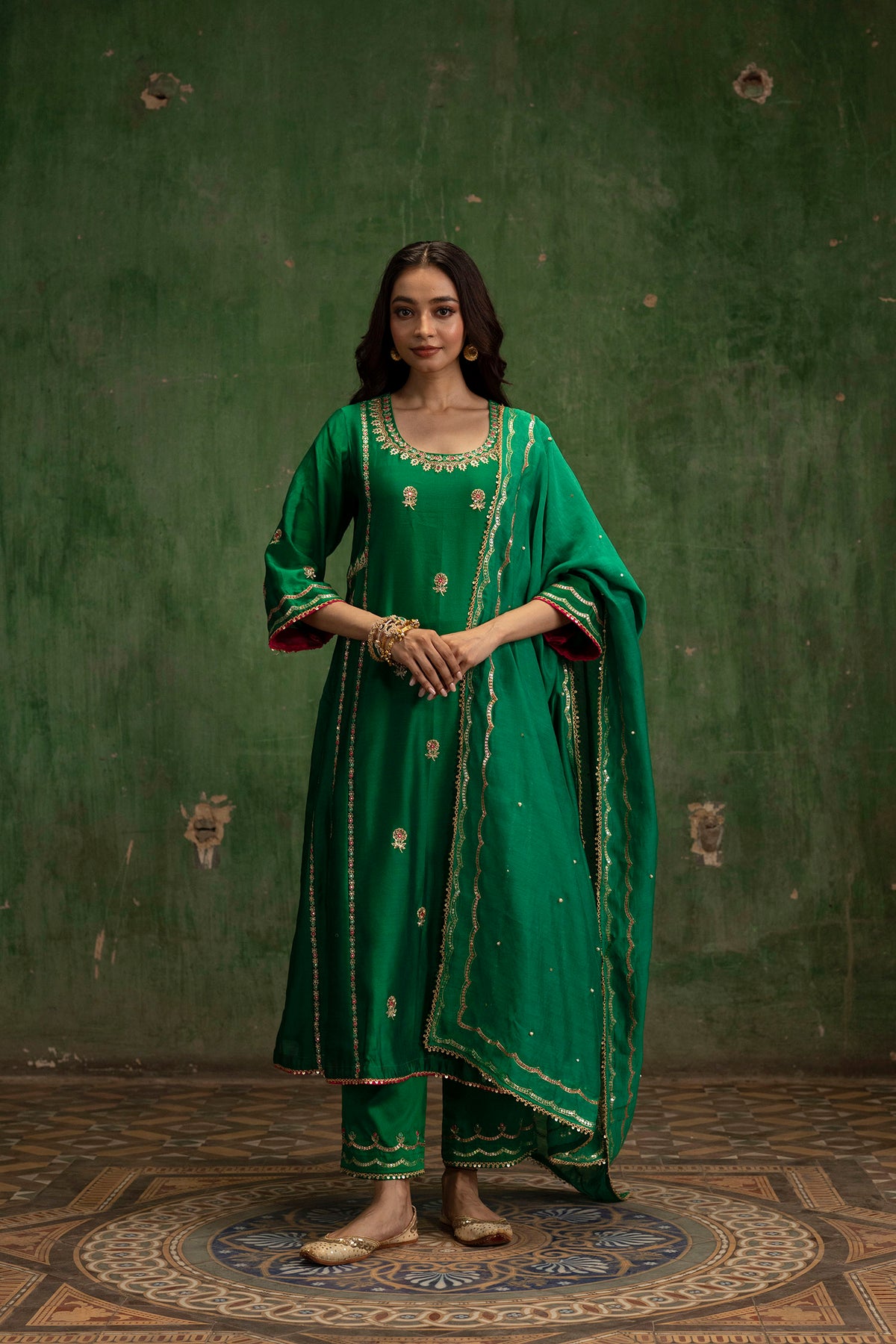 Aaliyah Silk Chanderi Aline Kurta Set in Green