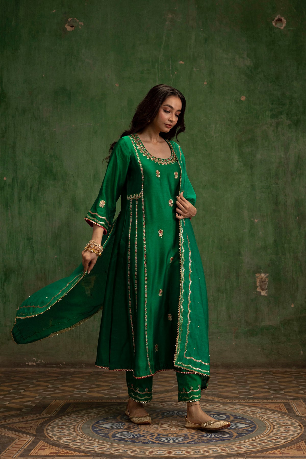 Aaliyah Silk Chanderi Aline Kurta Set in Green