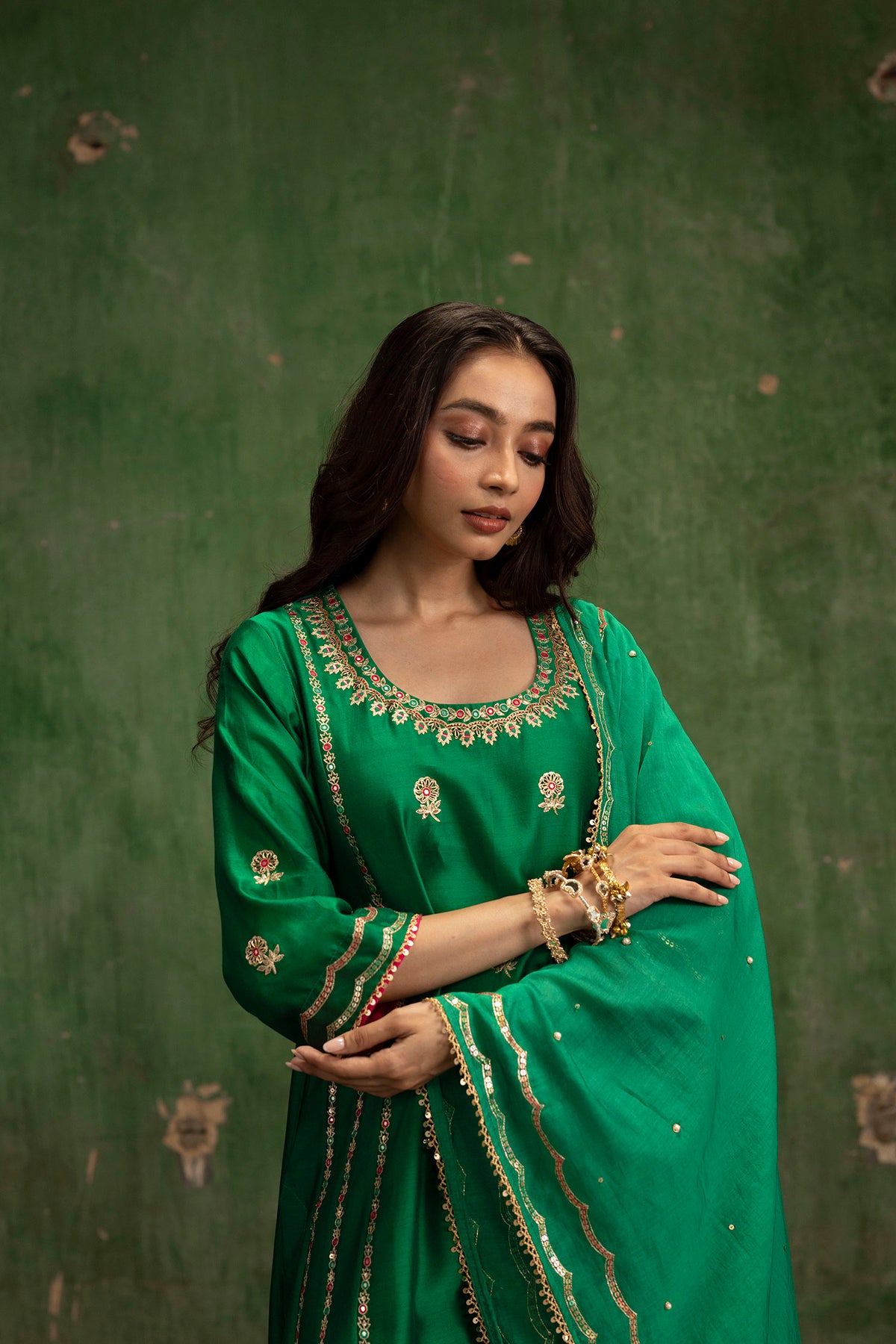 Aaliyah Silk Chanderi Aline Kurta Set in Green