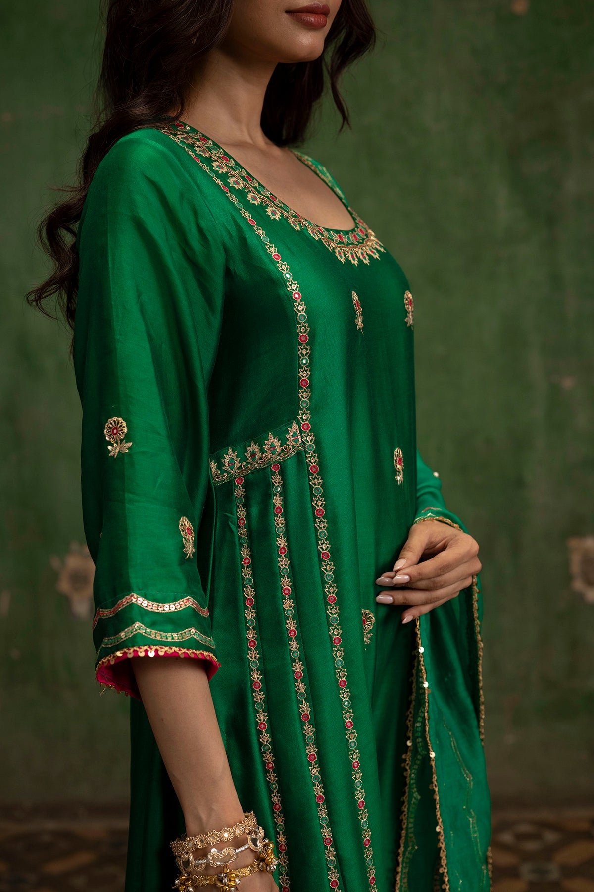 Aaliyah Silk Chanderi Aline Kurta Set in Green
