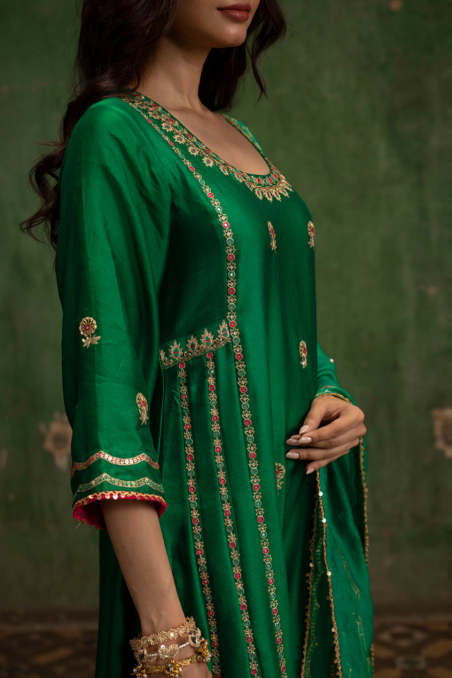 Aaliyah Silk Chanderi Aline Kurta Set in Bottle Green