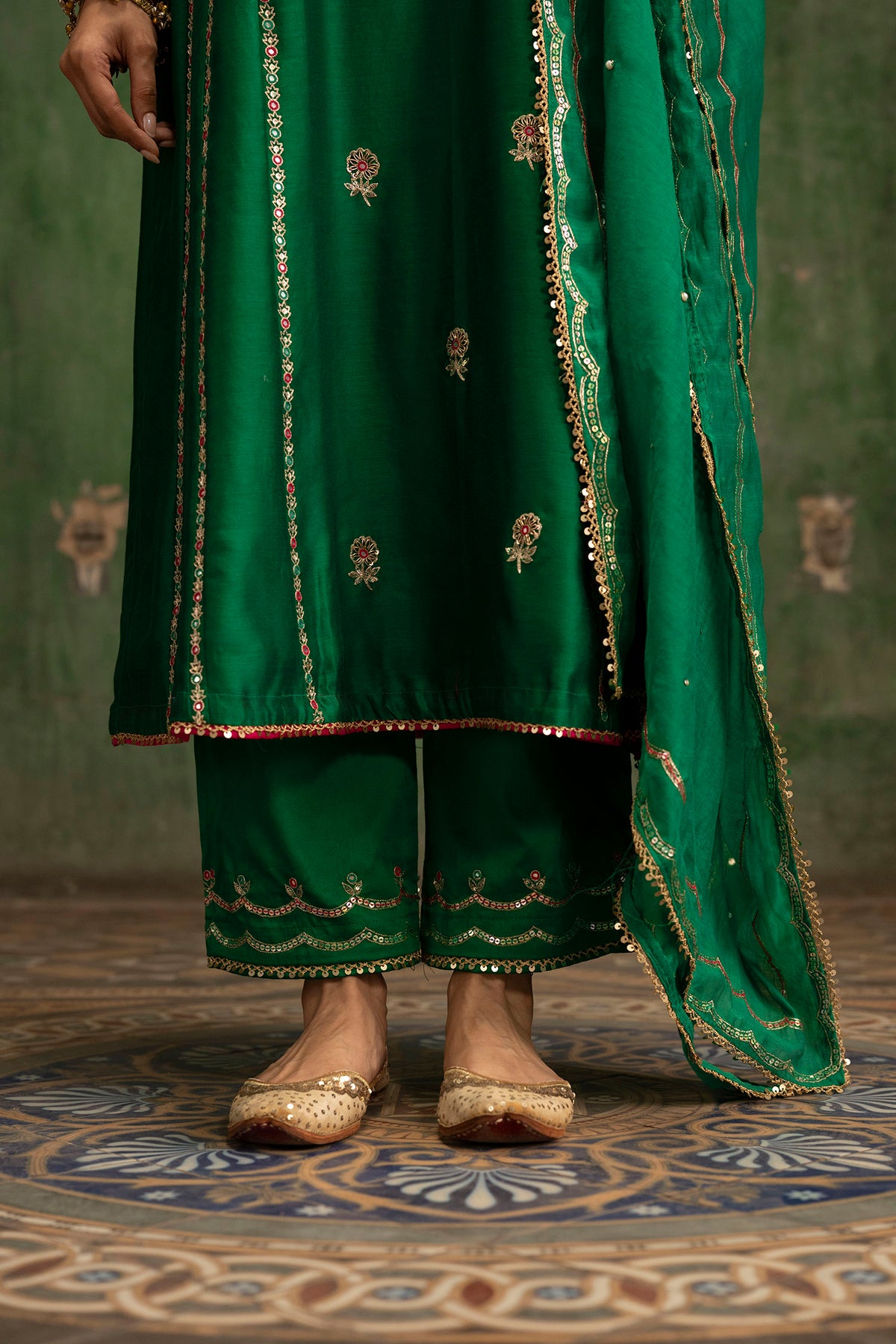 Aaliyah Silk Chanderi Aline Kurta Set in Green