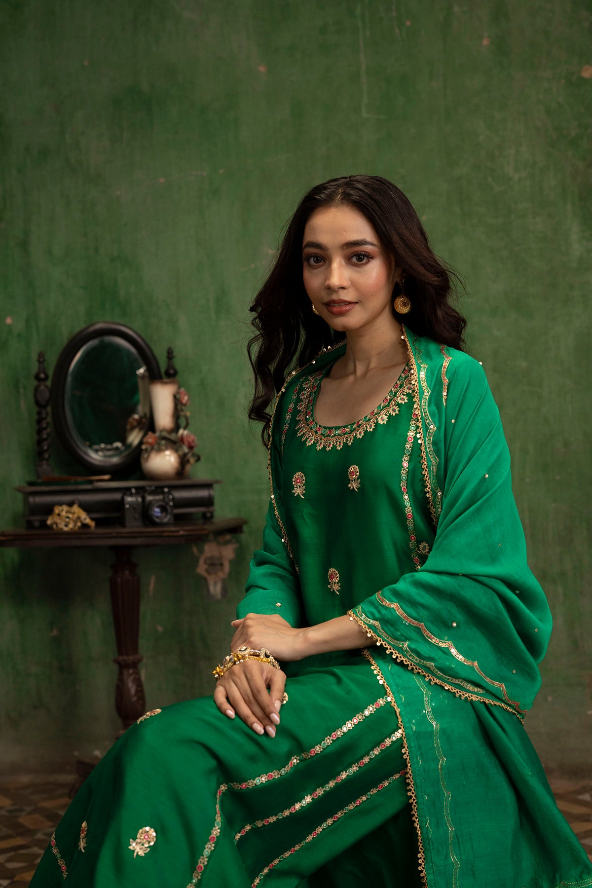 Aaliyah Silk Chanderi Aline Kurta Set in Green