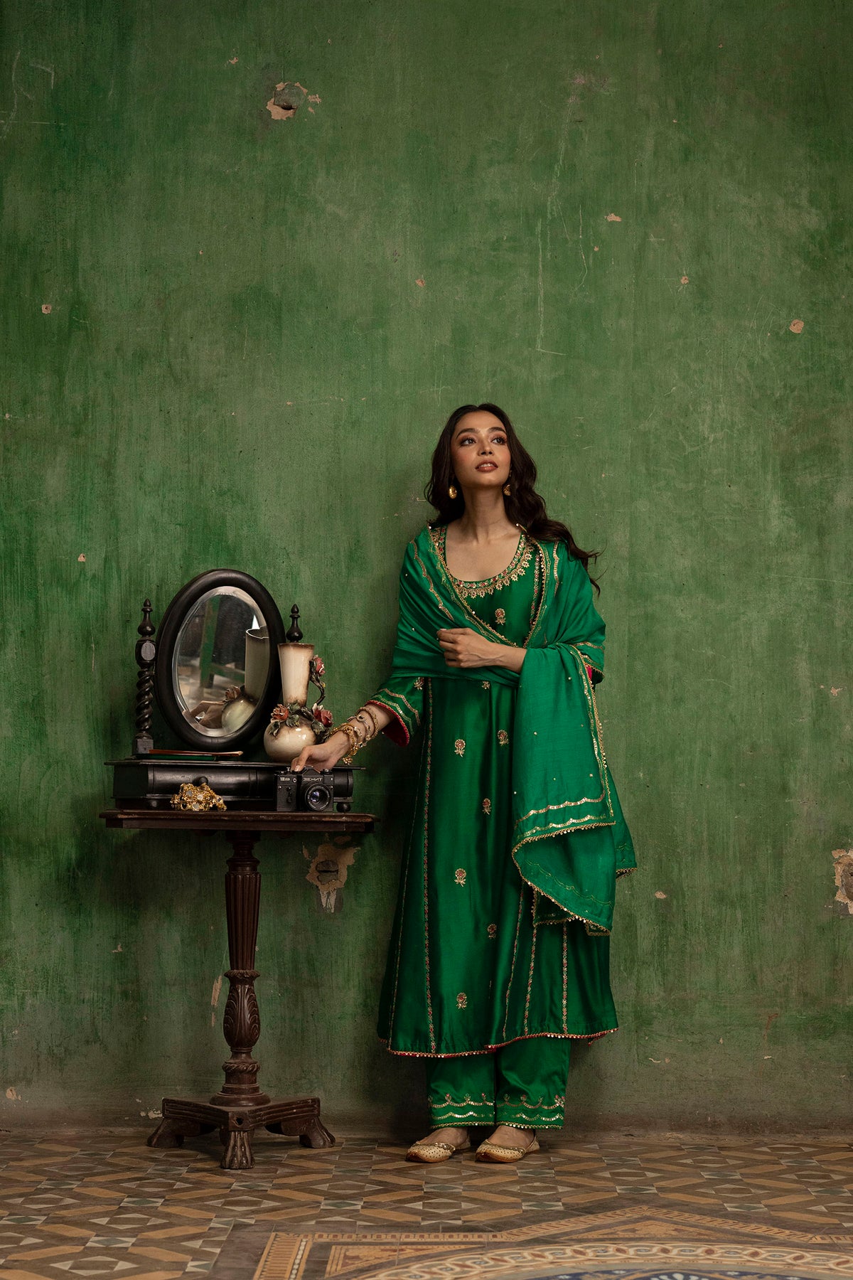 Aaliyah Silk Chanderi Aline Kurta Set in Green
