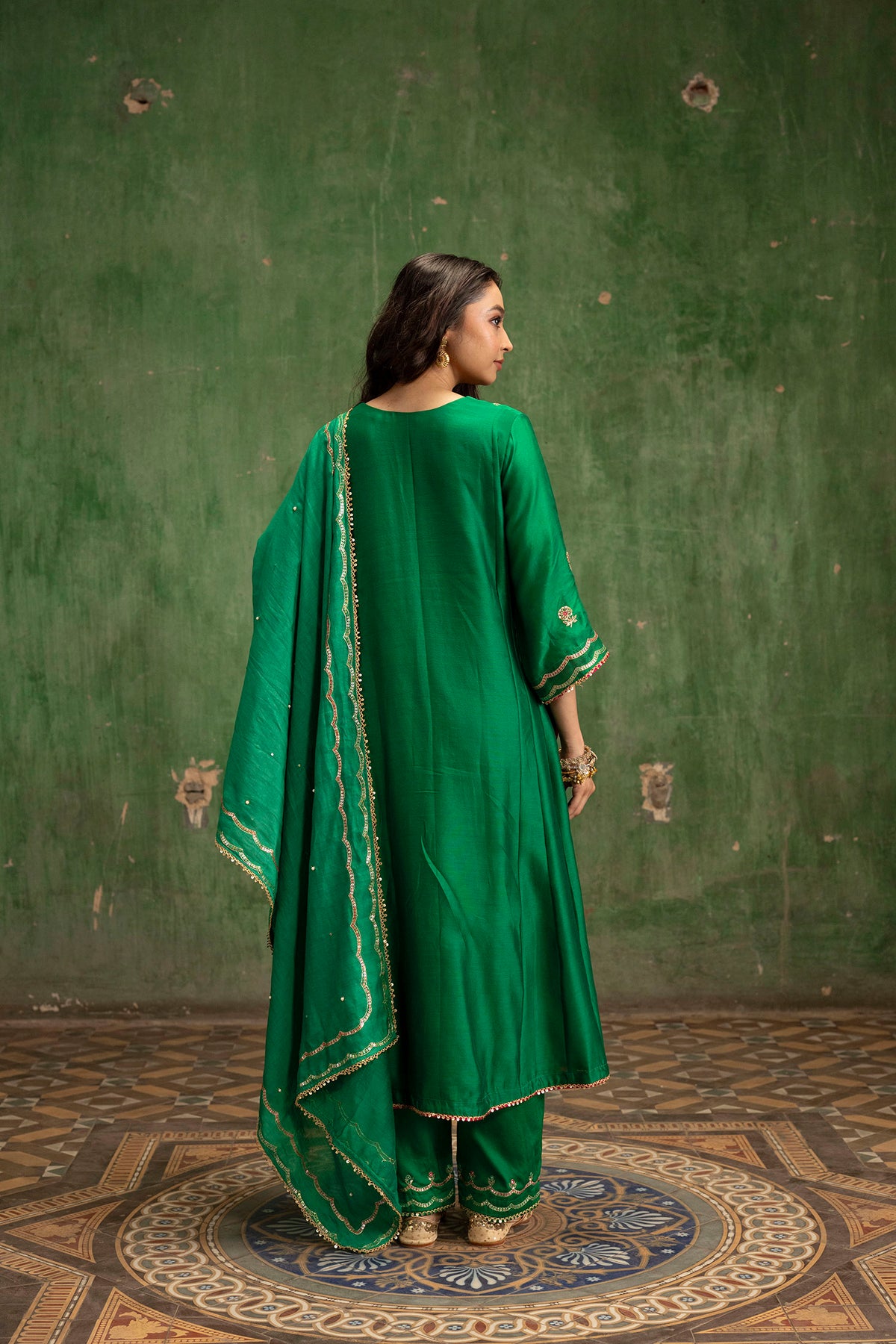 Aaliyah Silk Chanderi Aline Kurta Set in Green