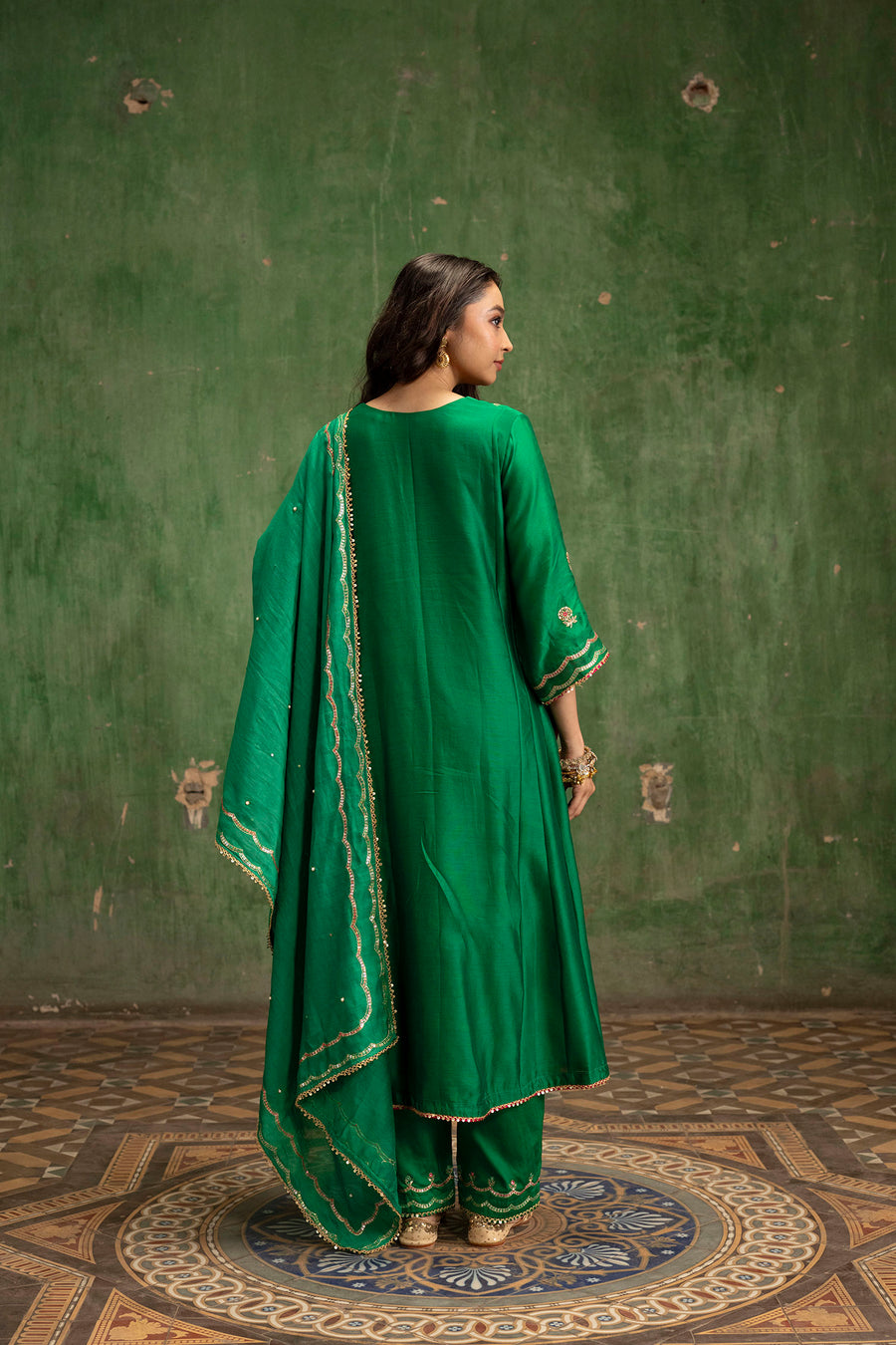 Aaliyah Silk Chanderi Aline Kurta Set in Bottle Green