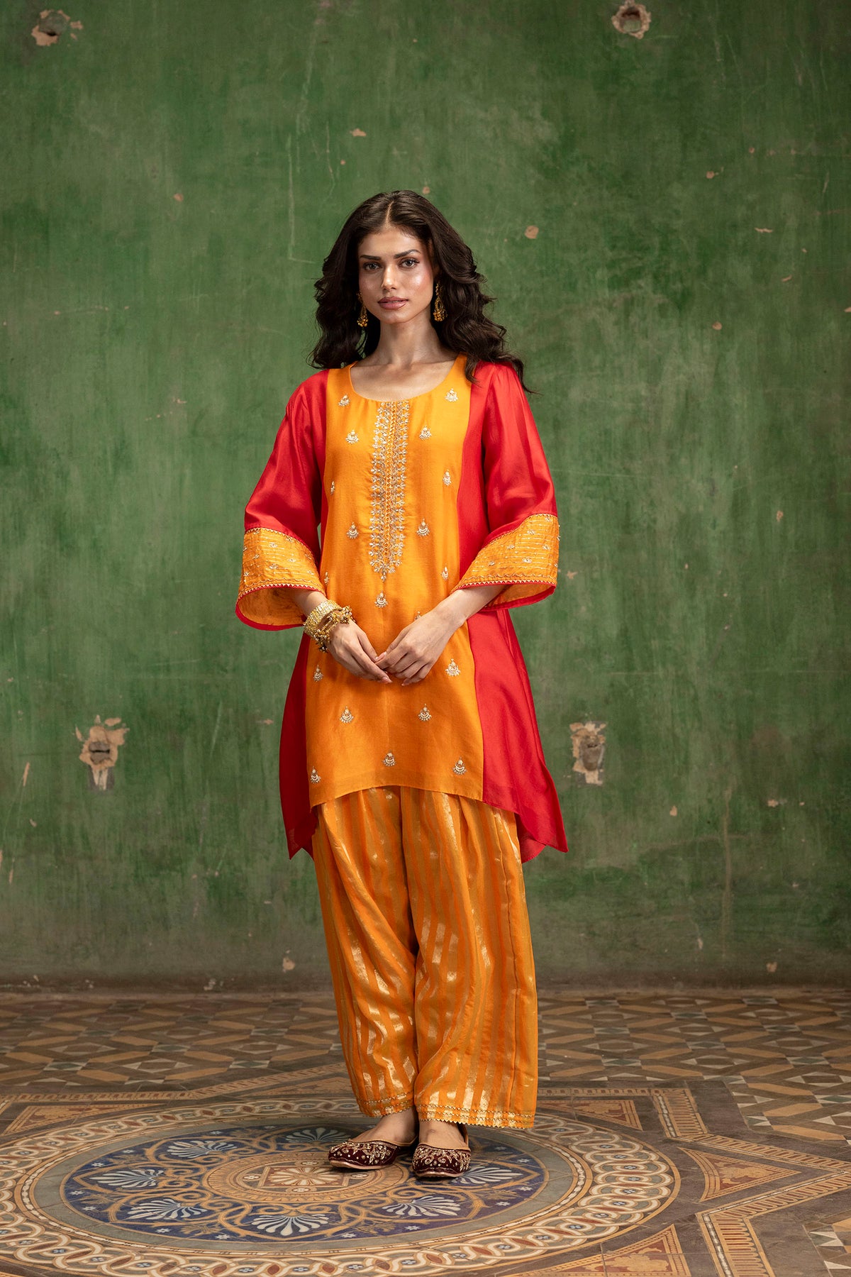 Guldaasta Silk Chanderi Co-ord Set in Mango