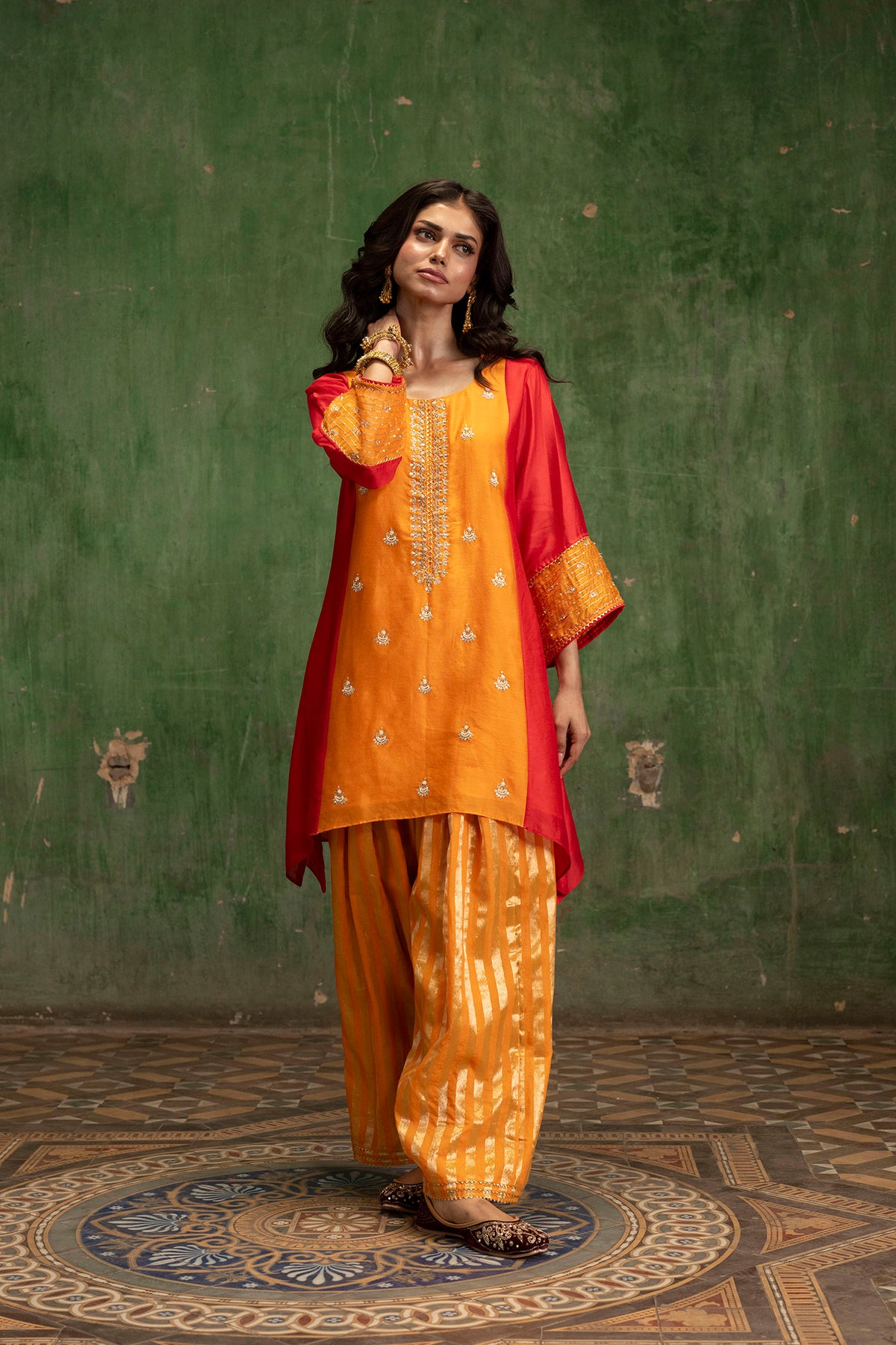 Guldaasta Silk Chanderi Co-ord Set in Mango