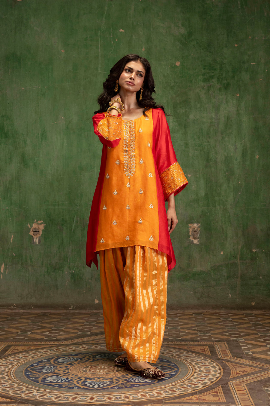 Guldaasta Silk Chanderi Co-ord Set in Mango