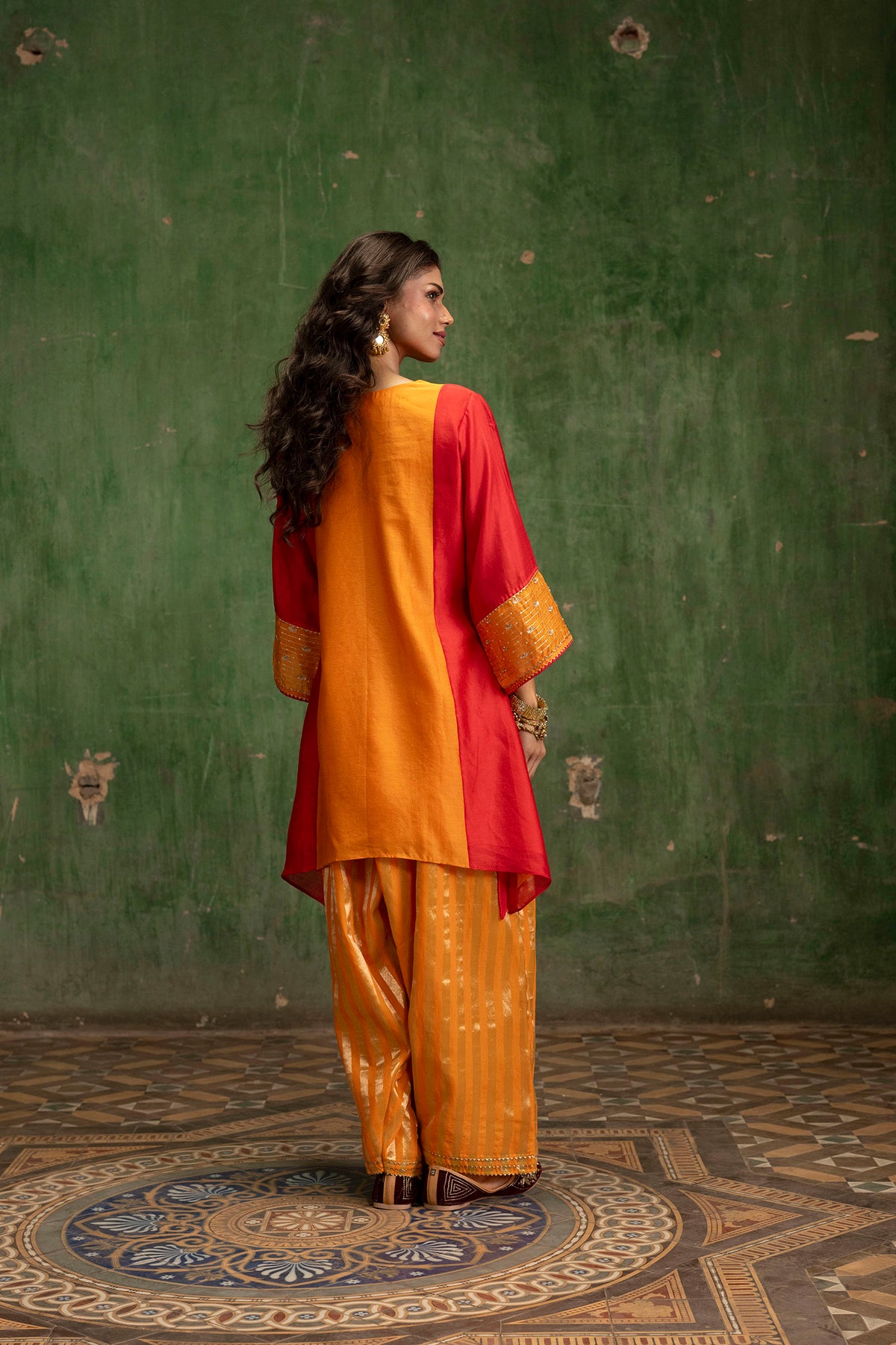 Guldaasta Silk Chanderi Co-ord Set in Mango