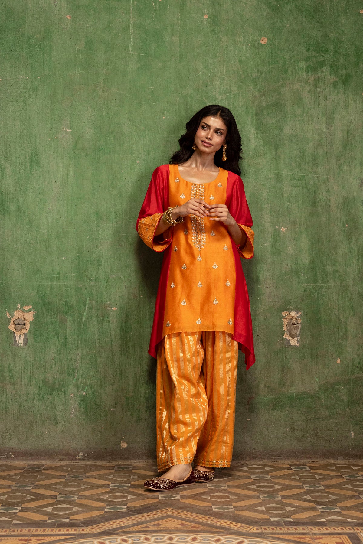 Guldaasta Silk Chanderi Co-ord Set in Mango