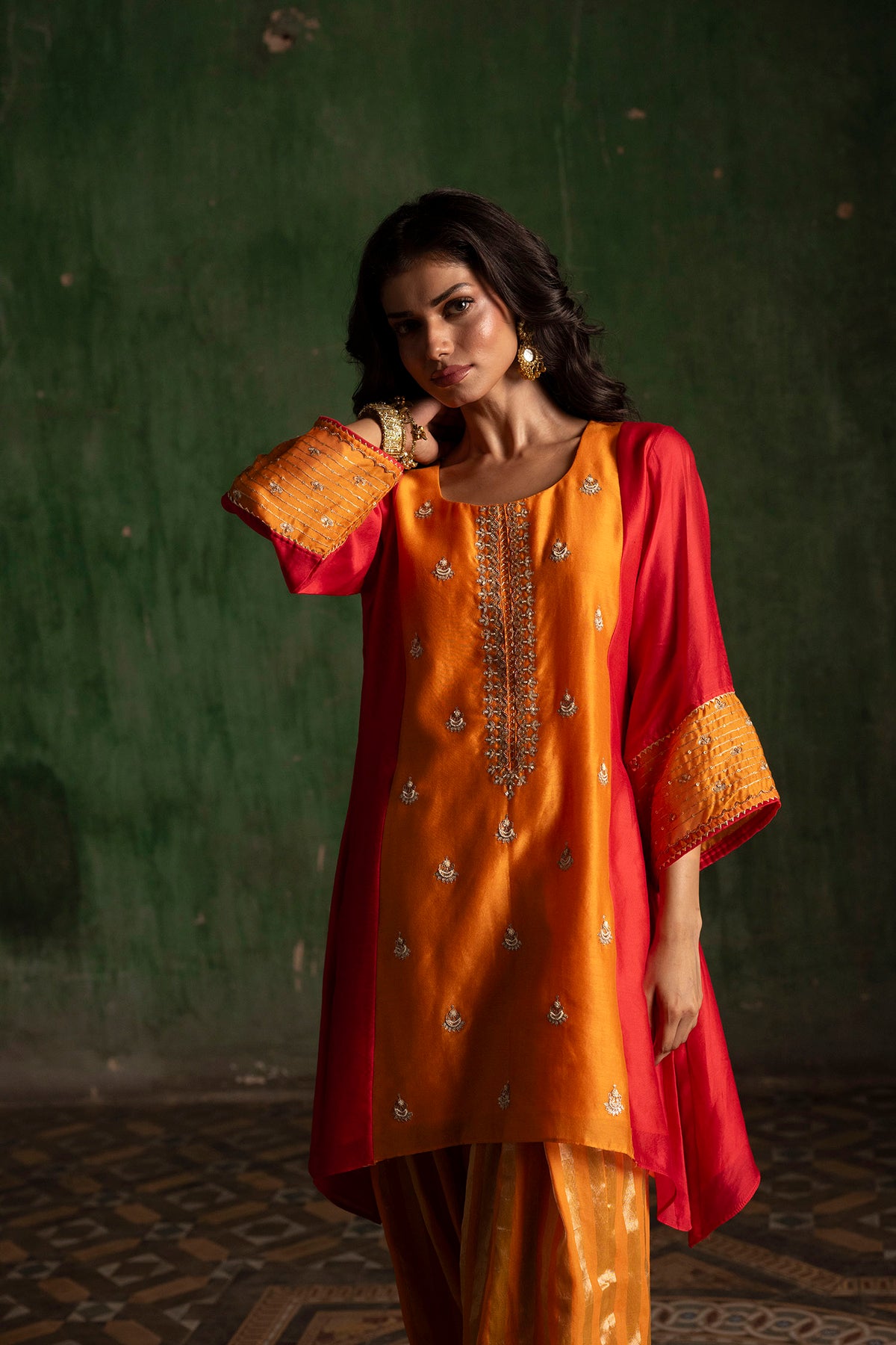 Guldaasta Silk Chanderi Co-ord Set in Mango
