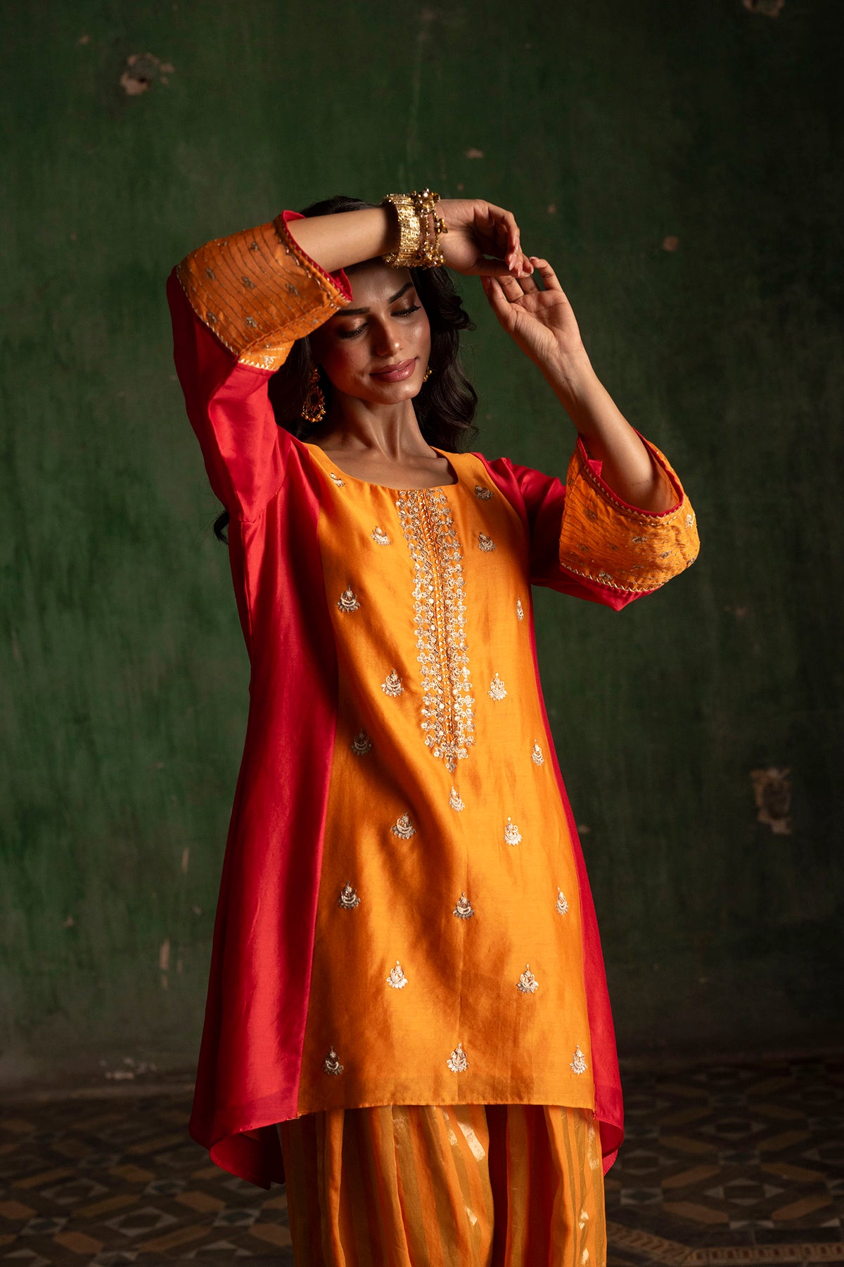 Guldaasta Silk Chanderi Co-ord Set in Mango