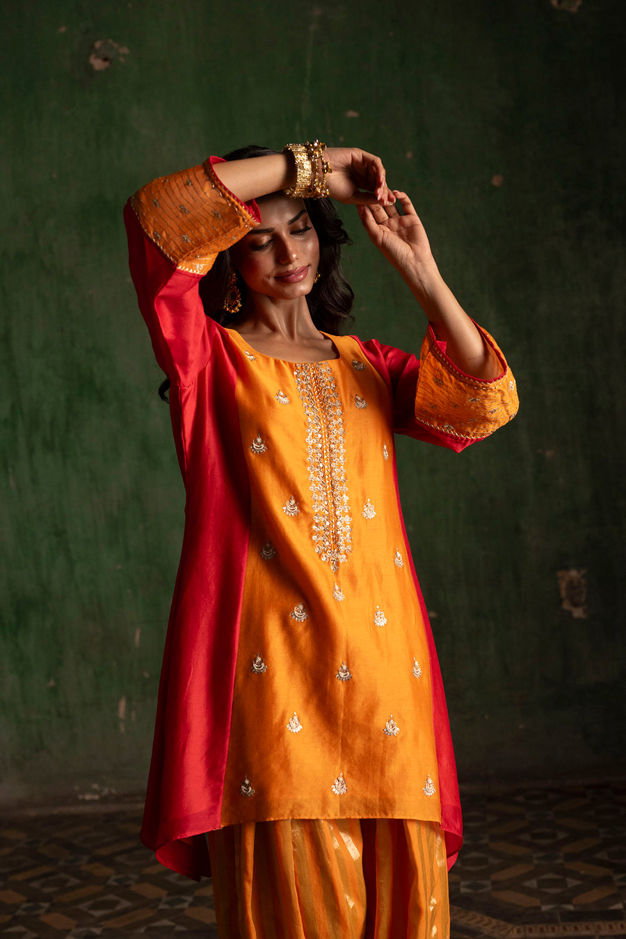Guldaasta Silk Chanderi Co-ord Set in Mango