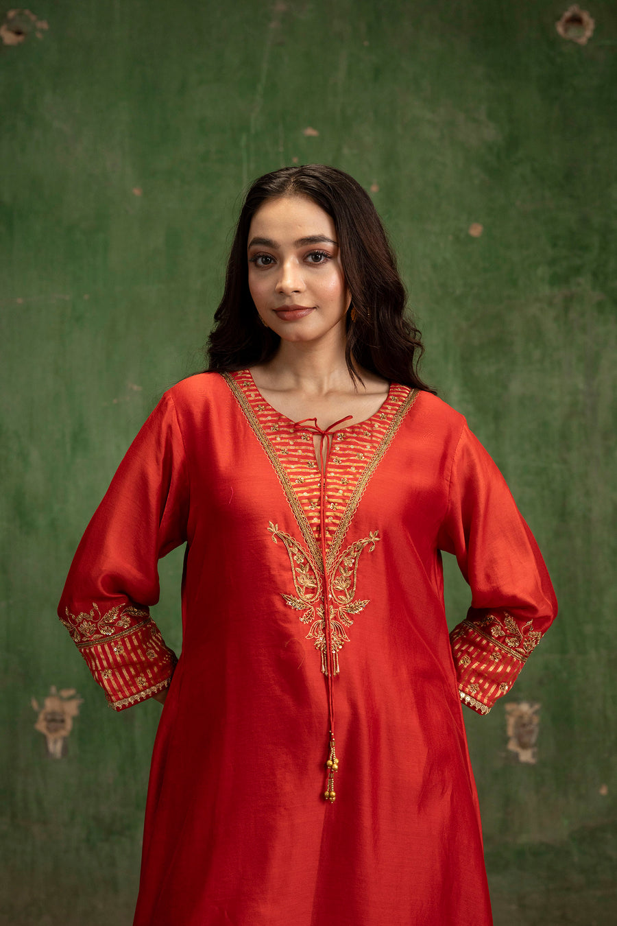 Saanjh Silk Chanderi Aline Kurta Set in Surkh