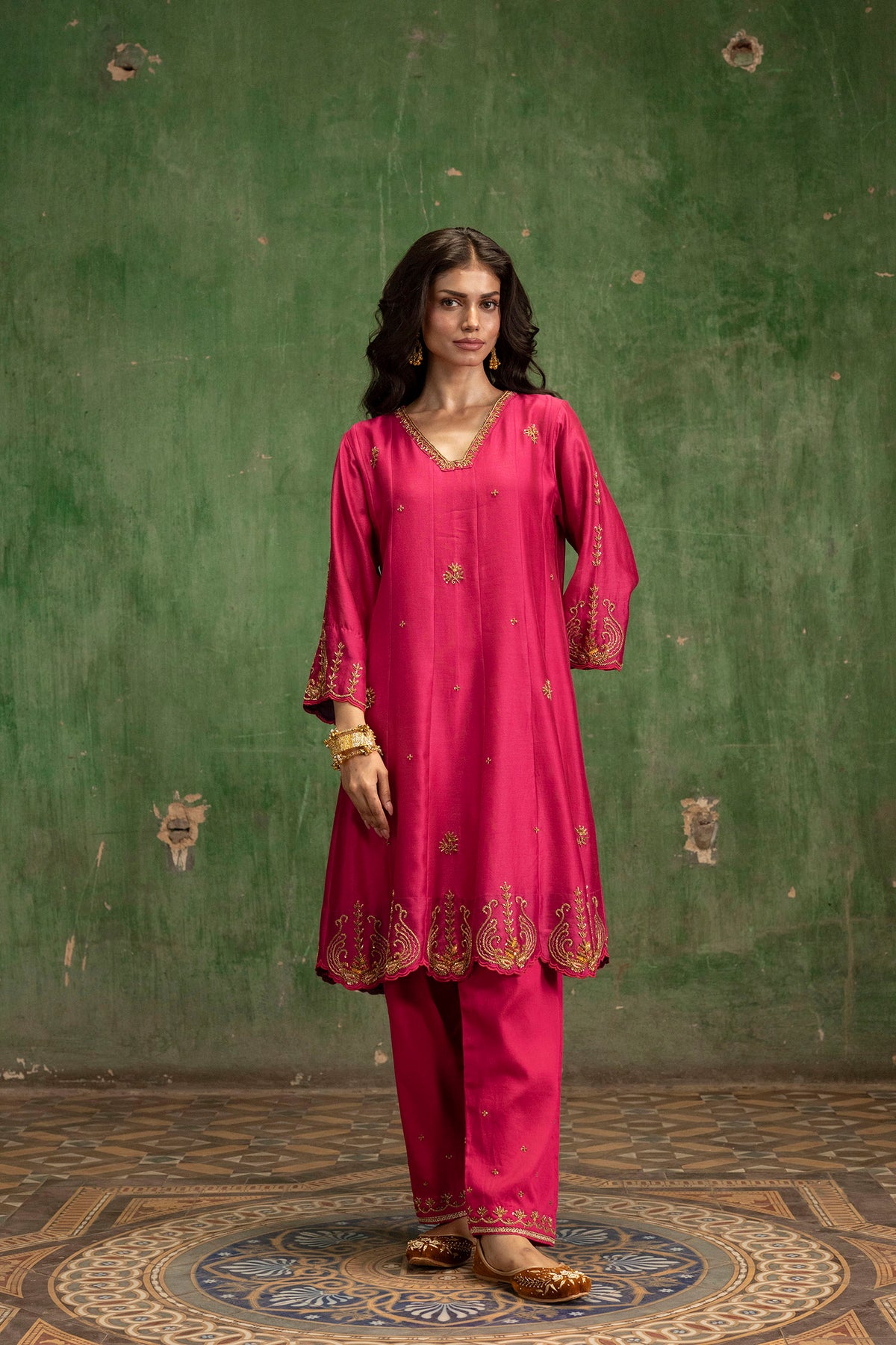 Piroi Mul Chanderi Anarkali Set in Rani