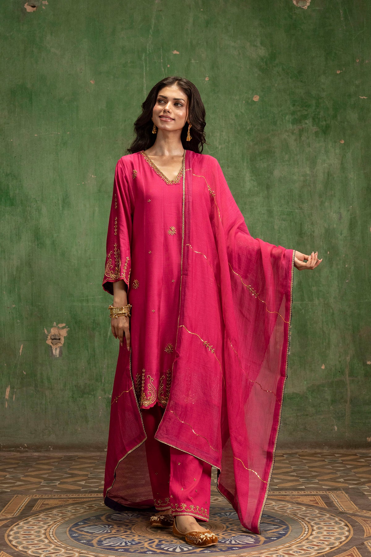 Piroi Mul Chanderi Anarkali Set in Rani