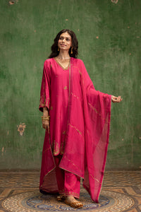 Piroi Mul Chanderi Anarkali Set in Rani