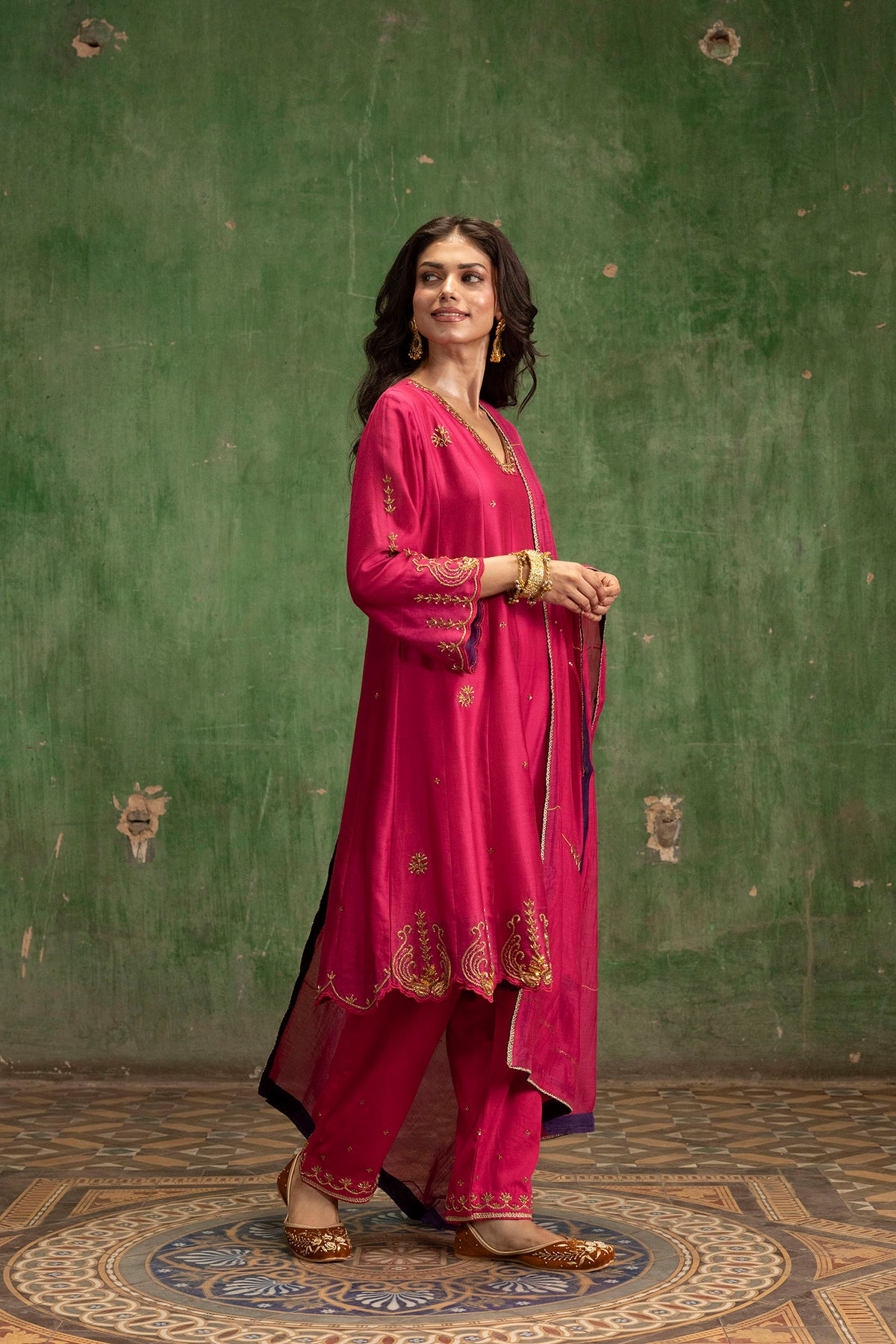Piroi Mul Chanderi Anarkali Set in Rani
