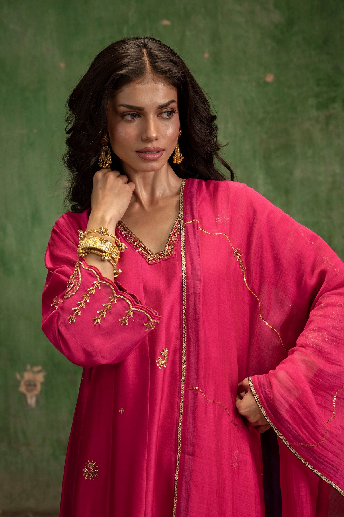 Piroi Mul Chanderi Anarkali Set in Rani