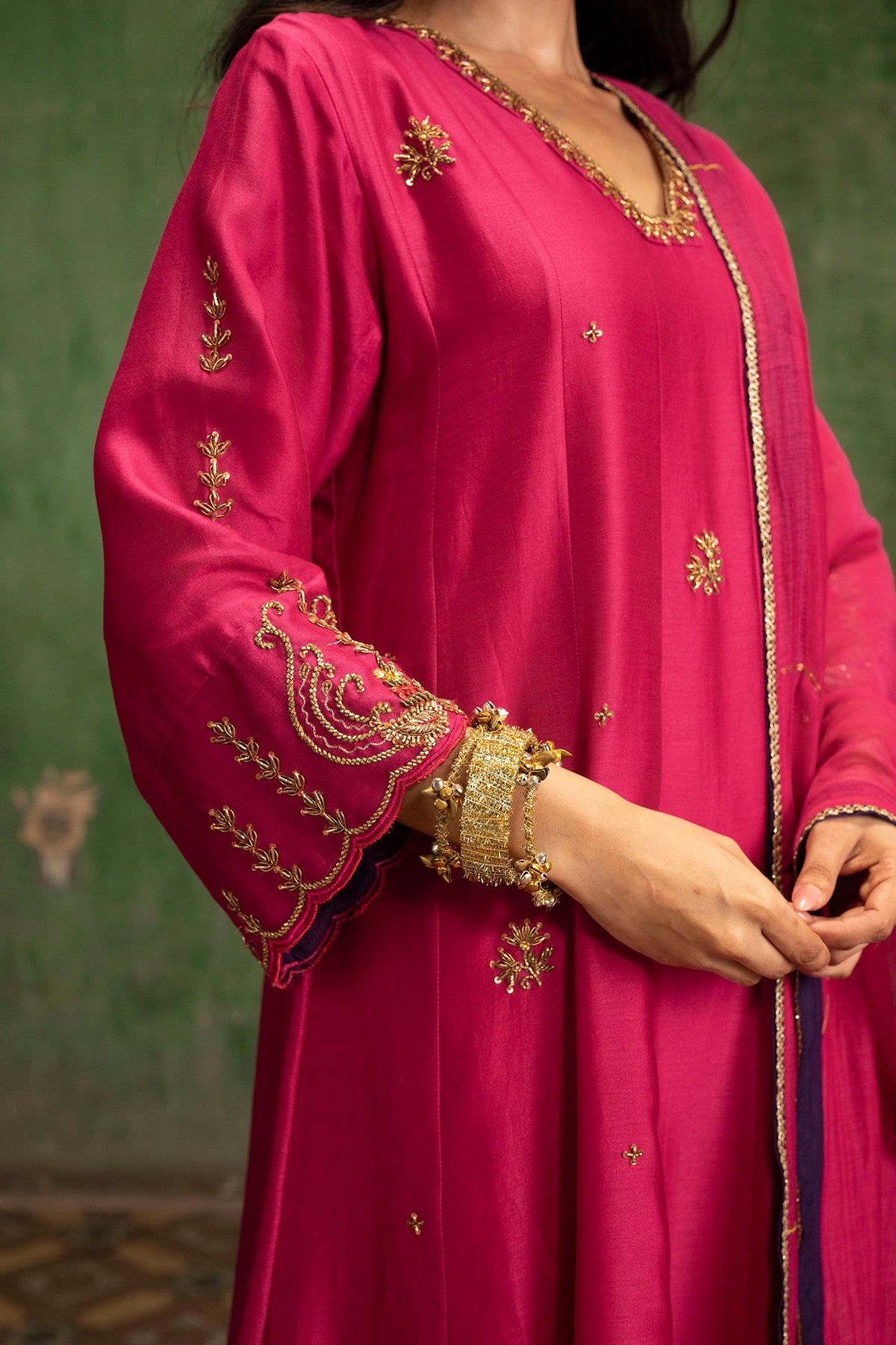 Piroi Mul Chanderi Anarkali Set in Rani