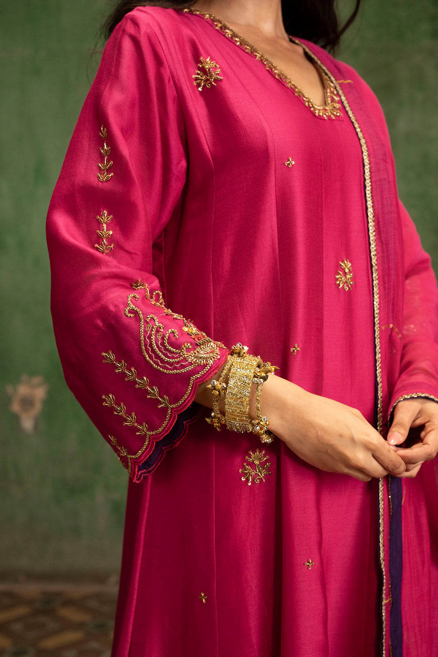 Piroi Silk Chanderi Anarkali Set in Rani