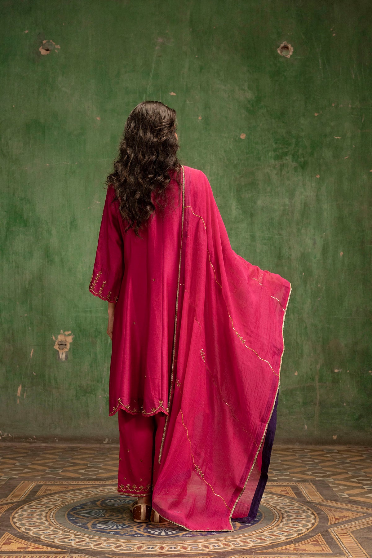 Piroi Mul Chanderi Anarkali Set in Rani