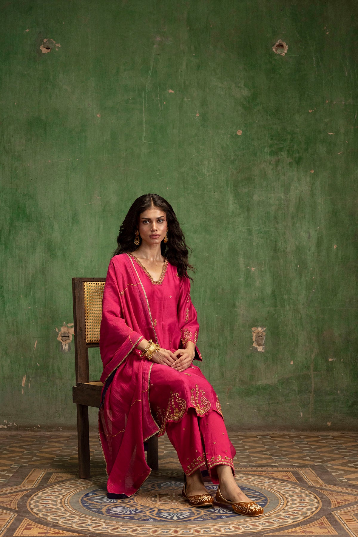 Piroi Mul Chanderi Anarkali Set in Rani