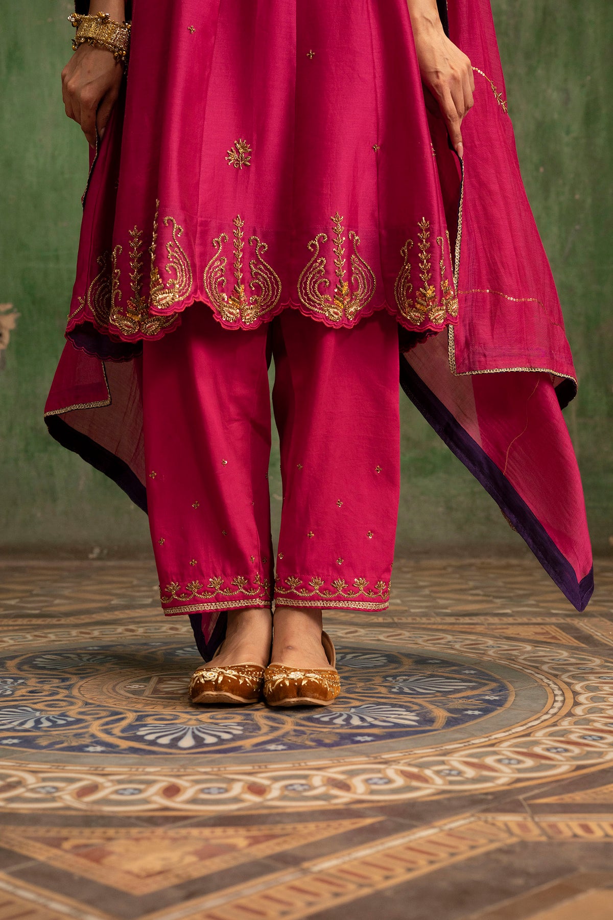 Piroi Mul Chanderi Anarkali Set in Rani