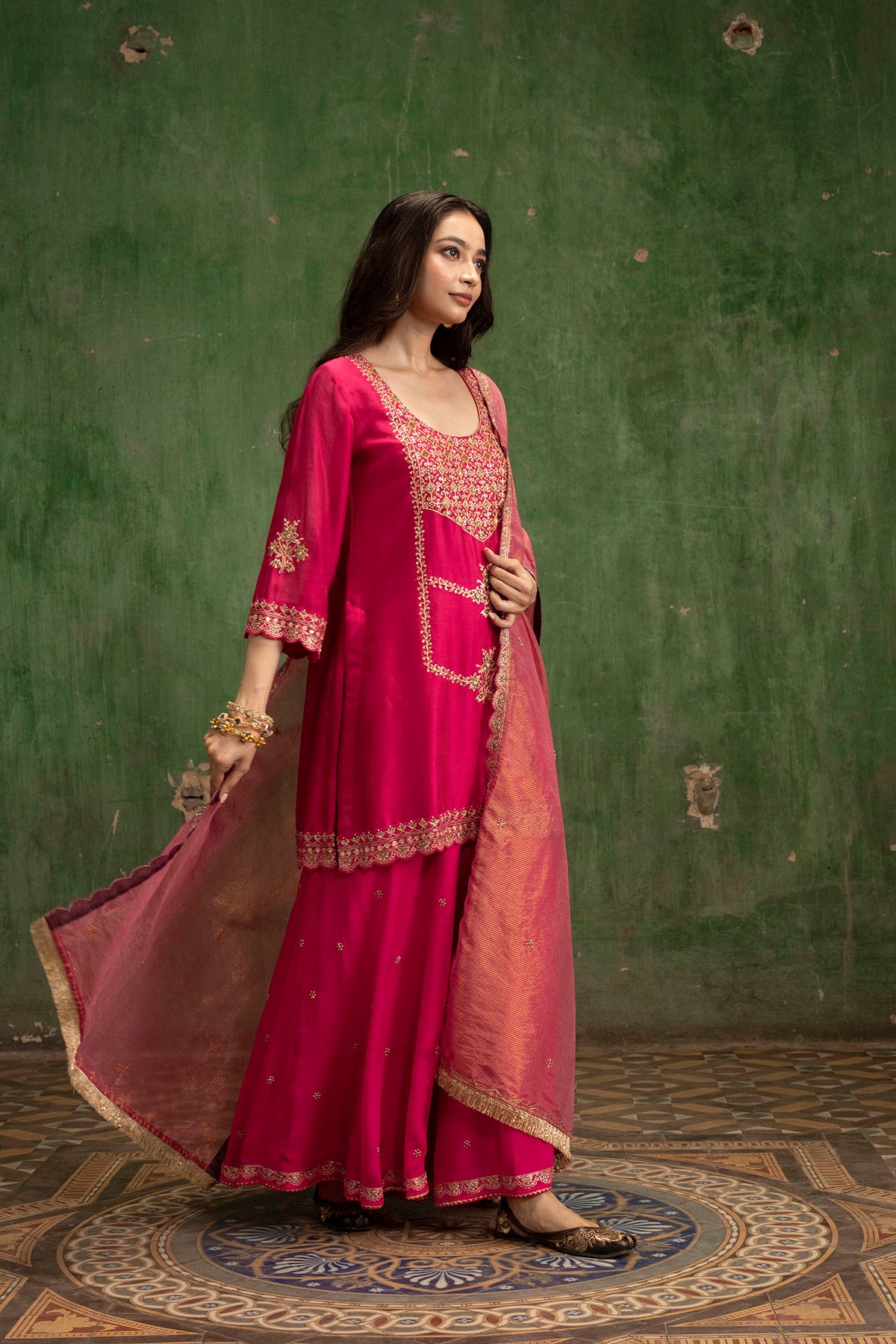 Mahiya Raw Silk Sharara Set in Rani