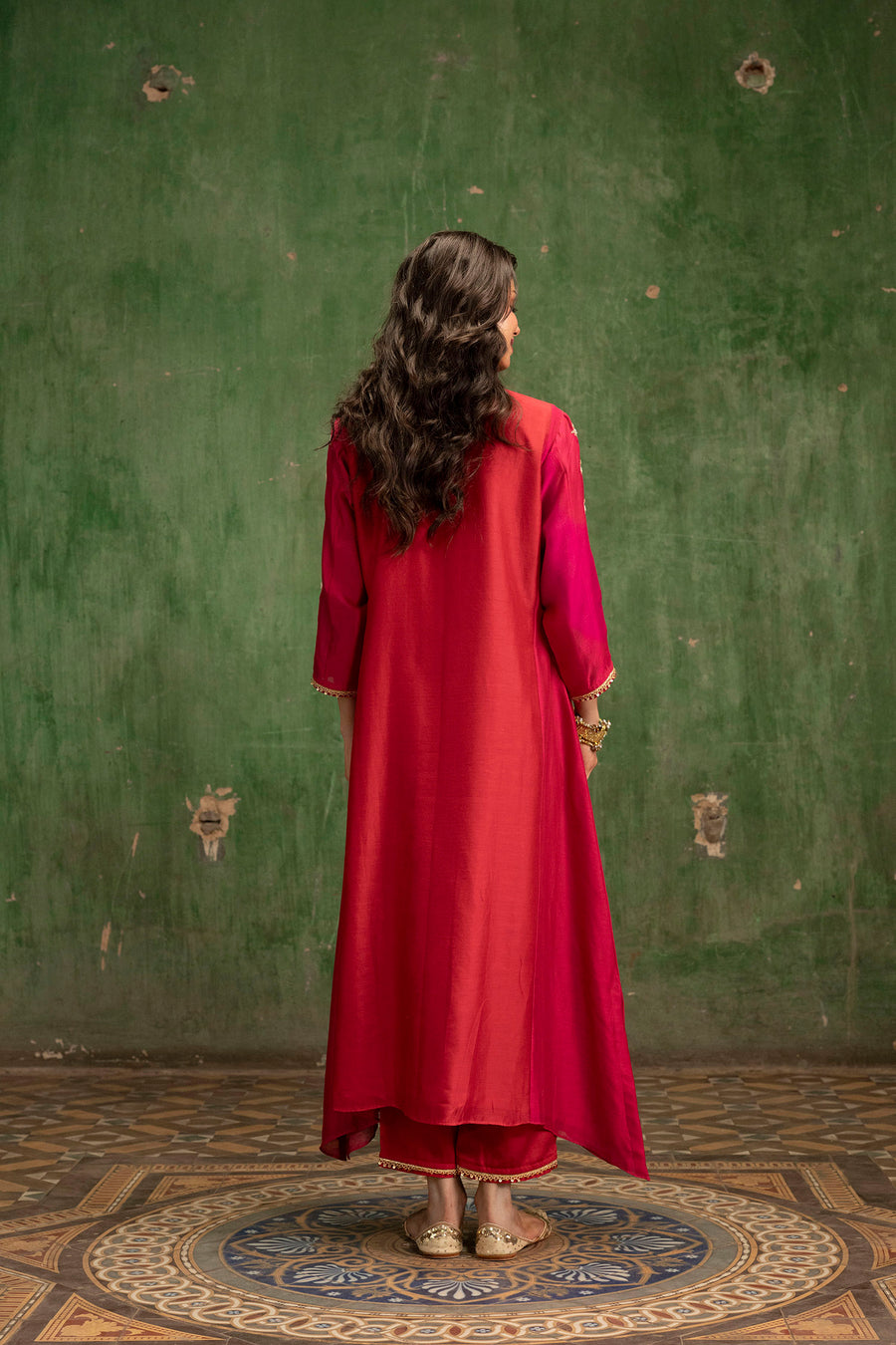 Guldaasta Mul Chanderi Aline Kurta Set in Surkh