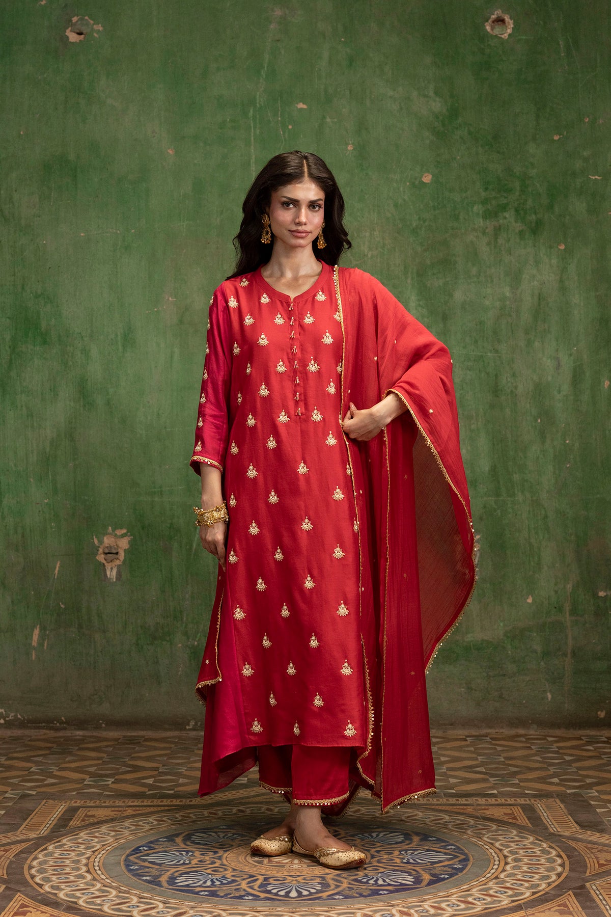 Guldaasta Mul Chanderi Aline Kurta Set in Surkh