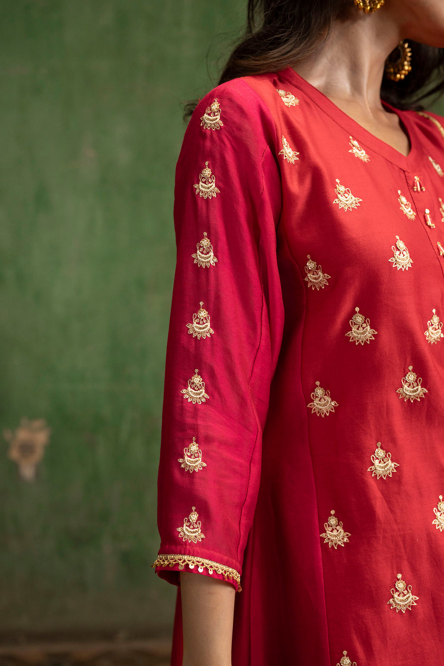 Guldaasta Mul Chanderi Aline Kurta Set in Surkh