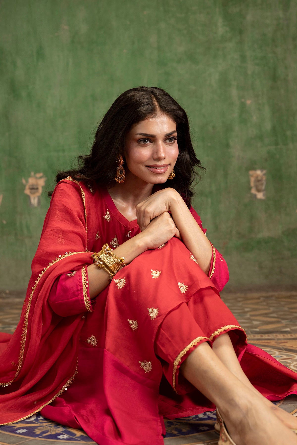 Guldaasta Mul Chanderi Aline Kurta Set in Surkh