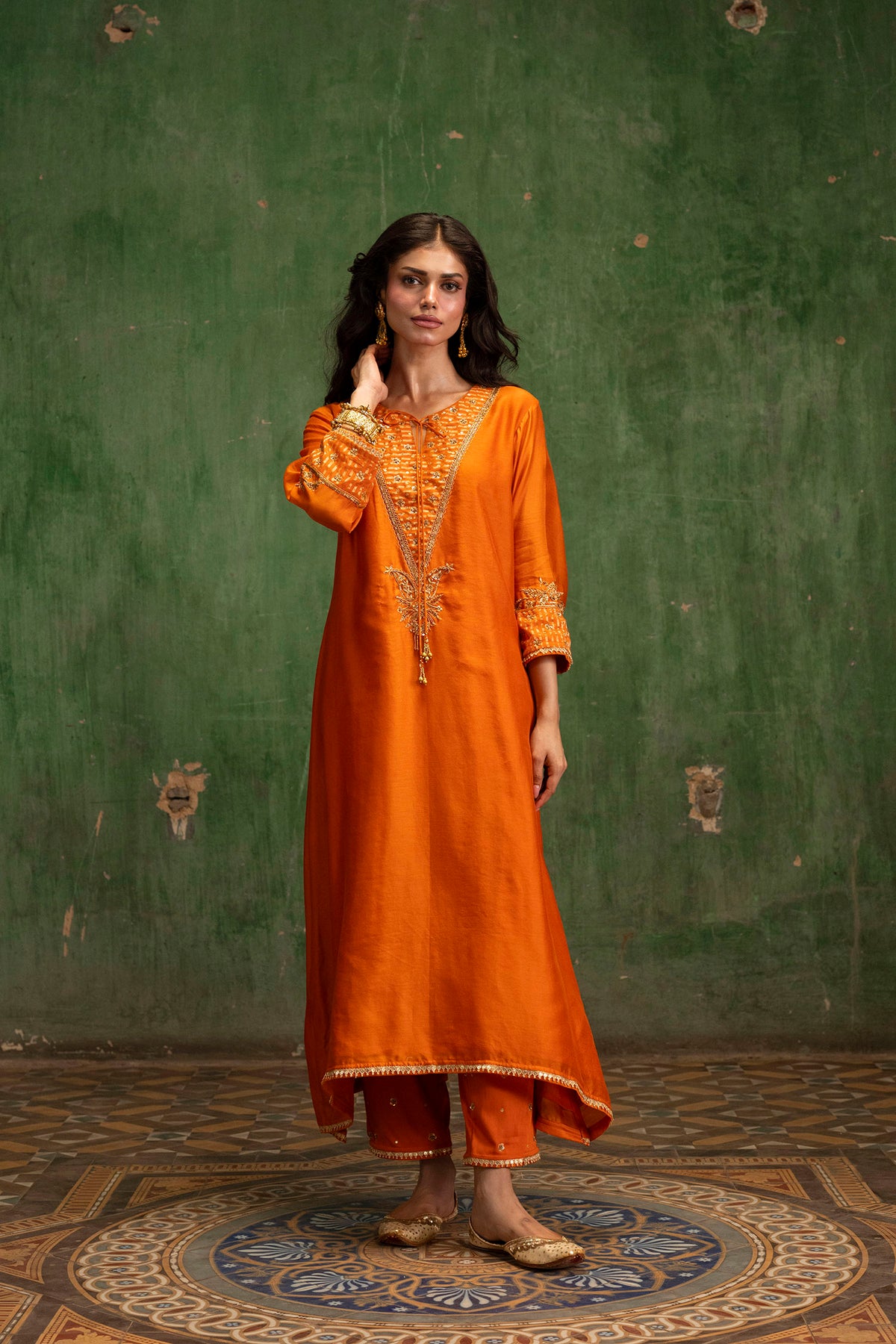 Saanjh Silk Chanderi Aline Kurta Set in Narangi