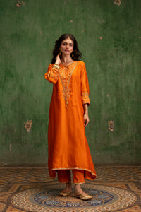 Saanjh Silk Chanderi Aline Kurta Set in Narangi